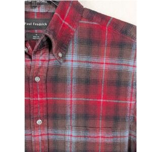 Paul Frederick Men's Red Brown Blue Plaid Slim Fit Long Sleeve Button Up Shirt M